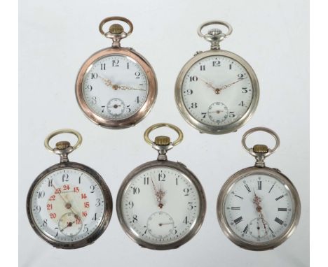 Fünf Taschenuhren meist Silber19./20. Jh., 4x Silbertaschenuhr mit Punze 0,800 u. meist Reichssilberstempel (1884-1918), zwei