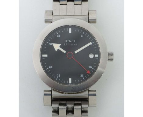 Herrenarmbanduhr "Offroad"XEMEX, Schweiz, 1998, Edelstahlgehäuse, schwarzes Zifferblatt mit mit weißen Zeigern und rotem Seku