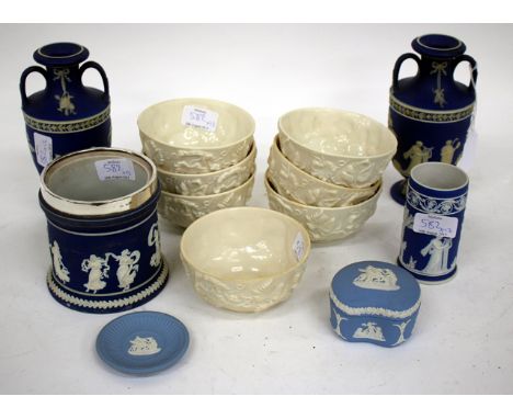 A PAIR OF WEDGEWOOD JASPERWARE VASES of classical form, 18cm high together with a Jasperware vase, three further pieces of Ja