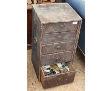 A STAINED PINE TABLE TOP CHEST OF FIVE DRAWERS, 30cm wide together with miscellaneous tools 
