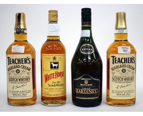 TWO BOTTLES OF TEACHERS HIGHLAND CREAM SCOTCH WHISKEY, a bottle of Whitehorse Fine Old Scotch Whiskey, a 100cl bottle of Bard