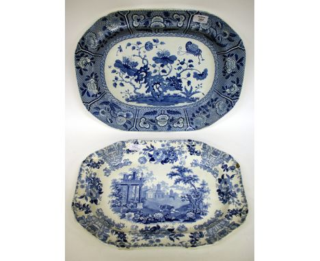 AN OLD SPODE BLUE AND WHITE MEAT PLATE decorated with flowers around rock work and within a floral boarder with impressed mar