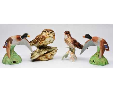 TWO SPODE BONE CHINA FIGURINES OF MALLARD DUCKS IN FLIGHTS, each approximately 16cm tall together with an Italian porcelain m