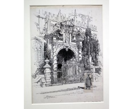 JOSEPH PENNELL  Late 19th century English school, pen and ink study of a porch and gate of St Mary the Virgins, Oxford, 31cm 
