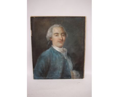 AN OLD PASTEL PORTRAIT OF AN 18TH CENTURY FRENCH GENTLEMAN in a blue coat, 60cm x 50.5cm