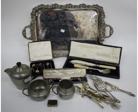 SIX CASED SILVER COFFEE SPOONS together with a quantity of various silver plated cutlery, two old pens, a small box pen nibs 