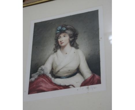AN EARLY 20TH CENTURY PRINT of a courtly lady, after Clifford R James, together with a further print of a lady with a feather