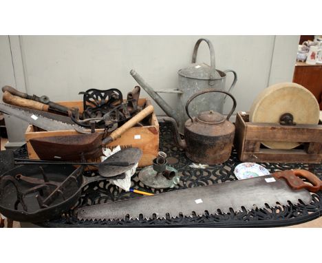 A COLLECTION OF ANTIQUE METALWARE AND TOOLS to include a large 19th century saw, 93cm in length, a watering can, a 19th centu