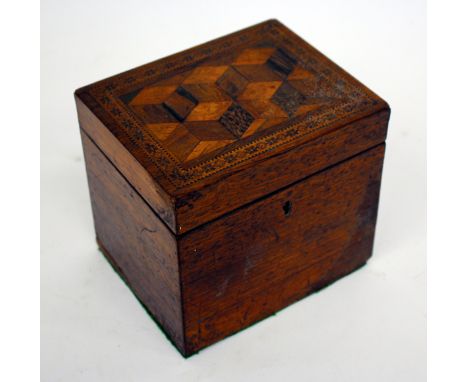 A ROSEWOOD PARQUETRY INLAID TUNBRIDGE WARE TEA CADDY, 12.5cm wide