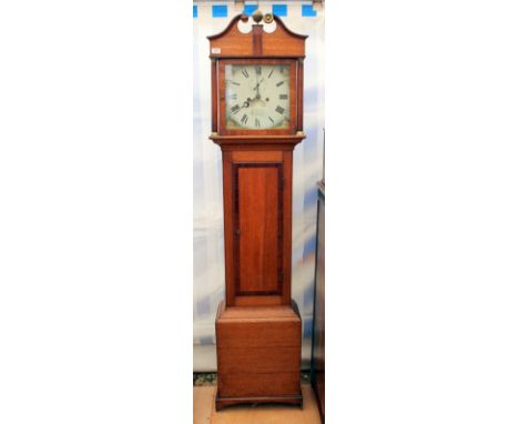 AN EARLY 19TH CENTURY EIGHT DAY OAK LONG CASE CLOCK with swan neck pediment, outset turned columns decorating the hood, the t