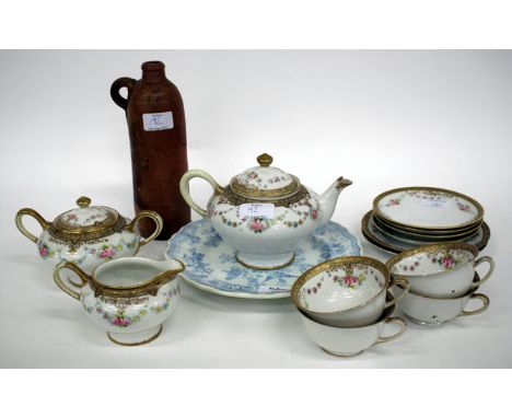 A NORITAKA PART FOUR PIECE TEA SET decorated with gilt rose swag together with blue and white transfer printed plate and ston