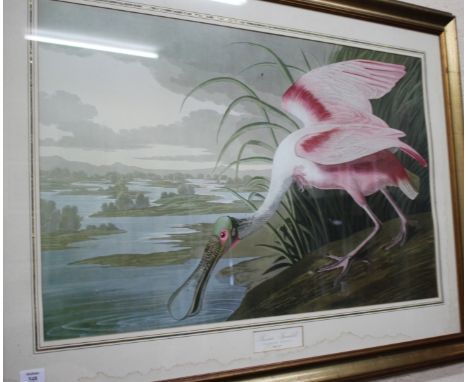 A DECORATIVE PRINT OF A ROSEATE SPOONBILL within a moulded gilt frame, the picture 56 x 89cm