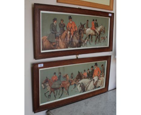 TWO EARLY 20TH CENTURY HUNTING LITHOGRAPHS, AFTER DOROTHY HARDY, in oak frames, 26cm x 70cm (2)