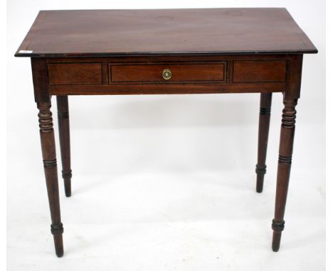 A 19TH CENTURY MAHOGANY SIDE TABLE with central frieze drawer and standing on turned tapering legs, 89.5cm wide