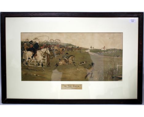 AFTER CECIL ALDIN 'IN THE OPEN' POLYCHROME PRINT of a hunting scene 29cm x 60cm together with a further print after Aldin, 'T