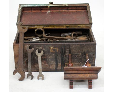 A 19TH CENTURY FRUITWOOD PLANE and an old toolbox with various tools to include large spanners