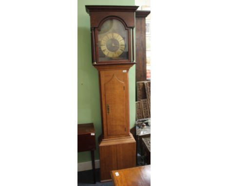 AN ANTIQUE OAK 30-HOUR LONG CASE CLOCK, the arching dial covered with an old master oil painting on canvas laid down on tin d
