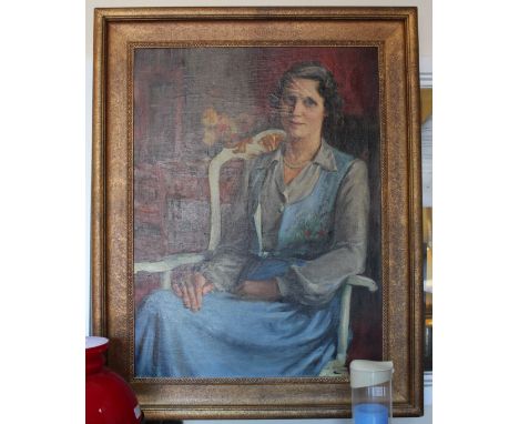 SVERRE HENNUM (1887-1967) Portrait of Mrs Johanne Emilie Wells (nee Cock) seated in a chair and wearing a blue dress, signed 