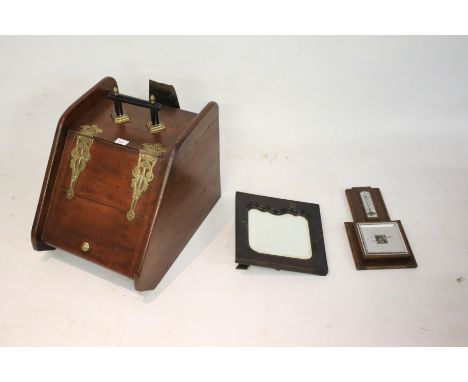 A Georgian table mirror, oak wall barometer and a fine Victorian brass bound coal scuttle with shovel. L39cm x D52cm x H50cm