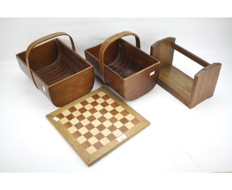 Two vintage trug baskets, a chess board and a book stand. Largest basket L30ccm