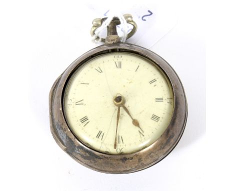 A George III silver cased fusee pocket watch with original outer case. The enamel dial with Roman numerals denoting hours, th