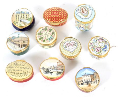 A collection of ten lidded enamel pots. To include examples by Halycon days, of circular and oval form