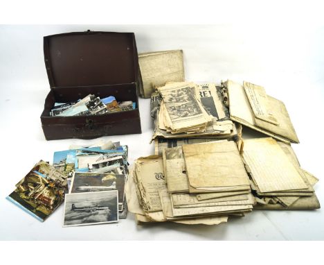 A box of assorted ephemera. Including Royal memorabilia, indentures and post cards.