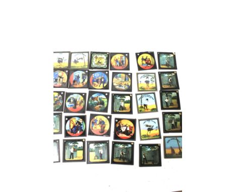 A collection of early 20th century magic lantern slides. Featuring 'The Baker and the Tarred Fence', monkeys, frogs, etc