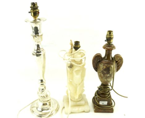 Three table lamp bases. Including an alabaster example with carved decoration, tallest H50cm (excluding fitting)