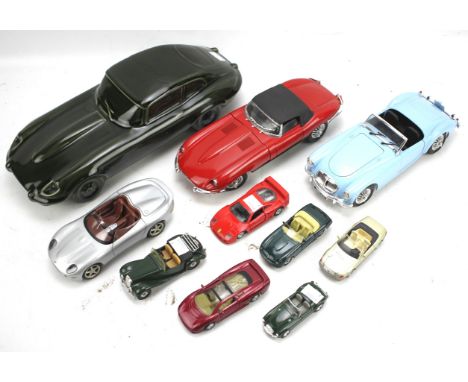A collection of die cast model cars. To include a Tonka Polistil MGA twin cam, Jaguar XK E and Maisto Ferrari F40, together w