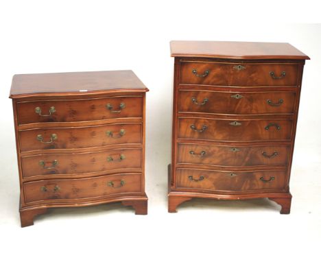 A pair of similar reproduction serpentine fronted chest of drawers. One with four drawers and the other with five, L75.5cm x 