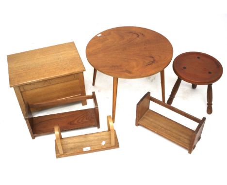 A circular occasional table, three bookend stands, tripod stool and small oak coffer