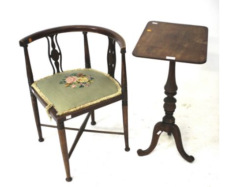 An Edwardian inlaid mahogany corner chair and a tripod side table. The chair with tapestry seat, H68cm