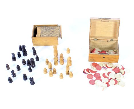 An unusual 19th century carved wooden chess set by W Howards. Housed in original box, the lid reading 'W Howards, London made
