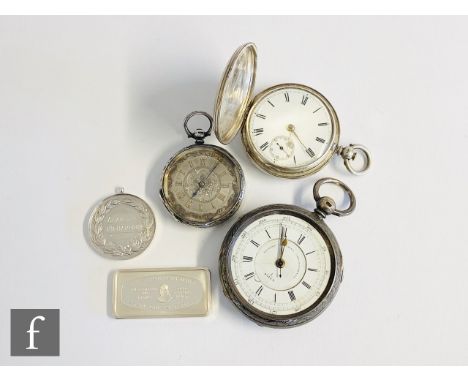 A hallmarked silver full hunter pocket watch, Roman numerals to a white enamelled dial, London 1865, with two further pocket 