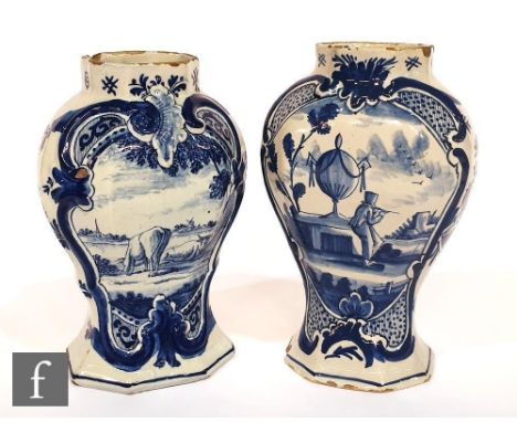 A pair of late 18th to early 19th Century hand painted Delft vases of compressed baluster form, the first decorated with a ma