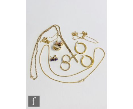 A 9ct hallmarked cross and chain, length of cross 2.5cm, with three further 9ct chains and assorted earrings. total weight 17