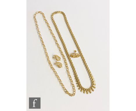 A 9ct collerette with tongue and box fastener, a 9ct open belcher link chain and pair of 9ct earrings and a single earring, t