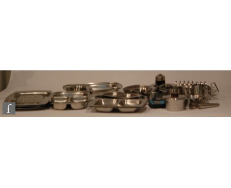 A collection of assorted Robert Welch Old Hall stainless steel to include toast racks, gravy and sauce boats, a salt, pepper 