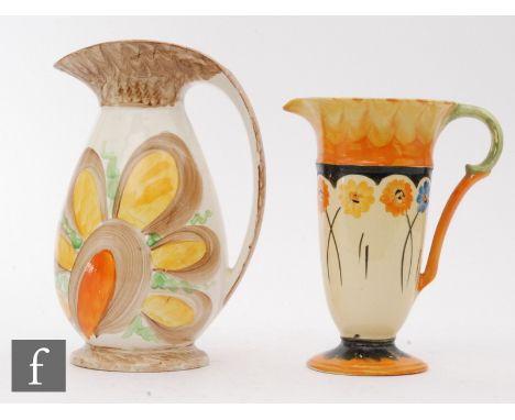 Two 1930s Art Deco Myott jugs, the first decorated with a large stylised flower in tones of brown, yellow and orange, height 