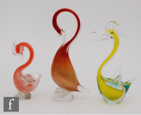 A post war Italian Murano glass figure formed as a stylised swan, in the manner of Archimede Seguso, seated on a small perch 