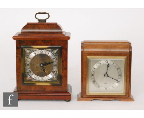 A post 1950s burr walnut small bracket clock by Garrard London, height 22cm, and a similar cased Elliott clock, height 18cm. 