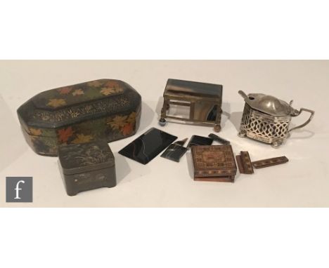 A small early 20th Century Japanese casket depicting Mt Fuji, an onyx casket, a Tunbridgeware stamp box and a silver mustard 