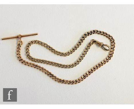 An early 20th Century 9ct rose gold single Albert chain with T bar and end swivel, length 38cm, weight 21g. 