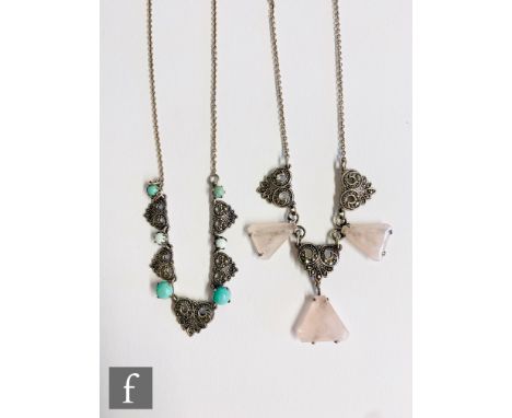 A silver, marcasite and rose quartz necklet, together with a similar marcasite and turquoise example, both Bernard Instone. (