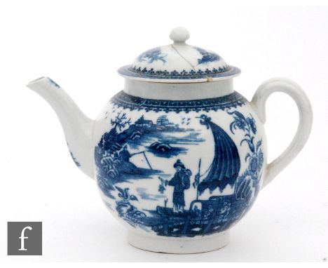 A late 18th Century First Period Worcester teapot of bullet form decorated in the underglaze blue Fisherman and Cormorant pat