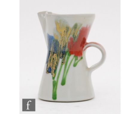 A Dartington studio pottery jug decorated by Janice Tchalenko with patches of coloured glaze, impressed mark, height 15cm 