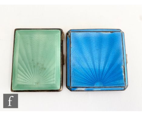 A hallmarked silver rectangular cigarette case with green enamelled decoration, length 8.5cm, with a similar blue example, Bi