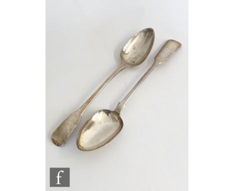 Two hallmarked silver fiddle pattern basting spoons, total weight 9oz, Newcastle 1870, Thomas Sewell I and London 1805, Eley 