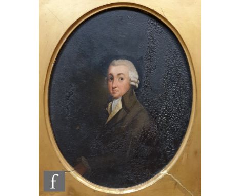 ENGLISH SCHOOL (LATE 18TH CENTURY) -  Portrait of a young man wearing a curled wig and top coat', oil on copper, oval, framed